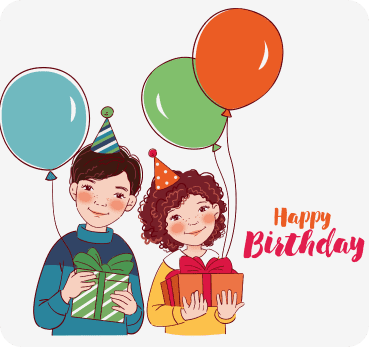 Children with gifts and balloons, birthday celebration.