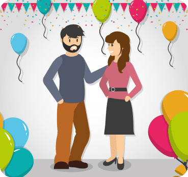 Illustrated couple at a festive party.