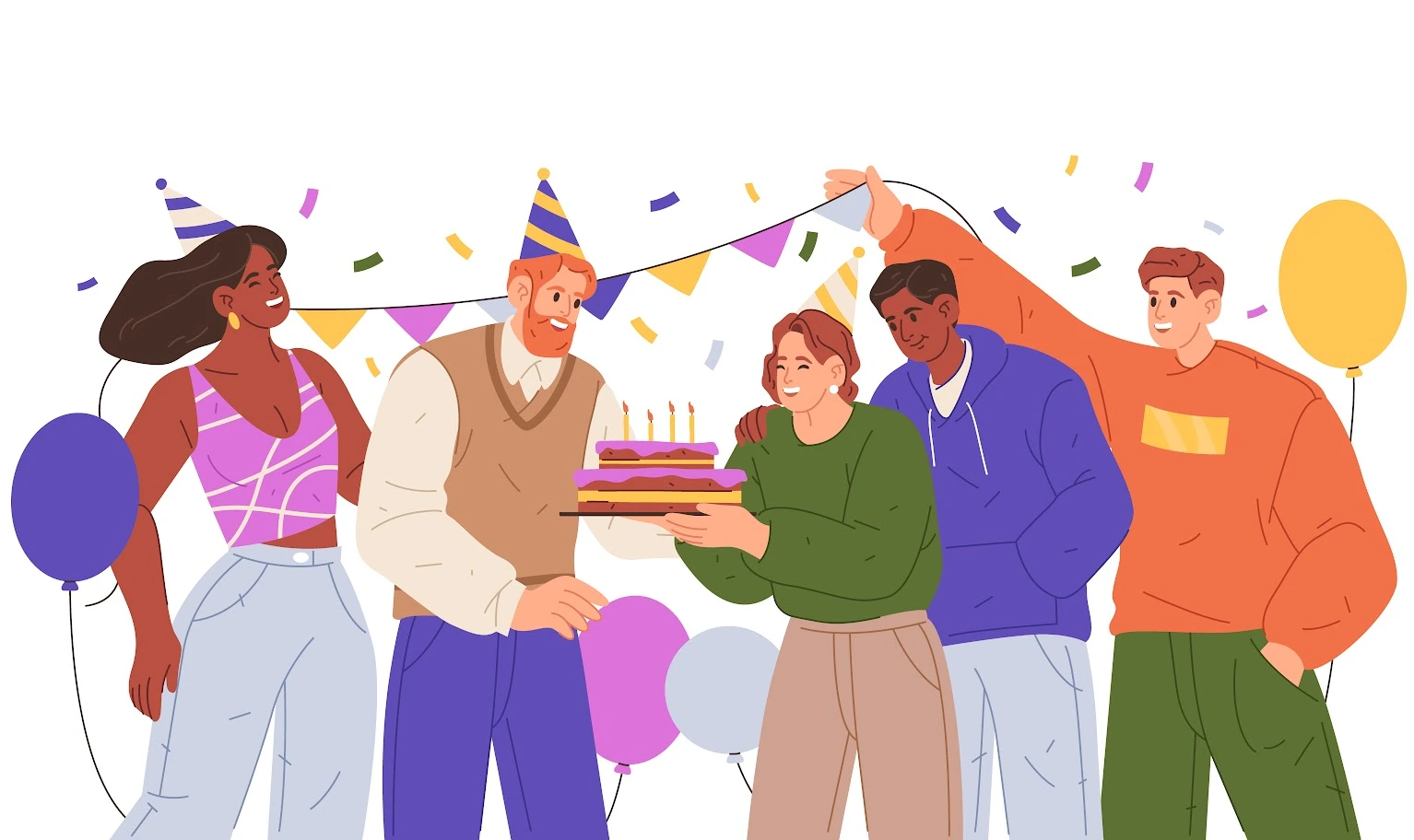 A group celebrating a birthday with a cake and party hats.