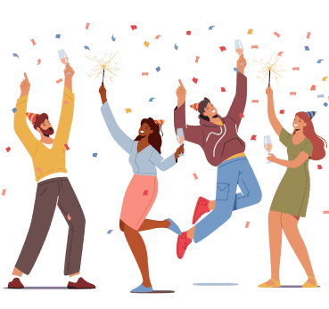 Four diverse people joyfully celebrating with confetti and sparklers.